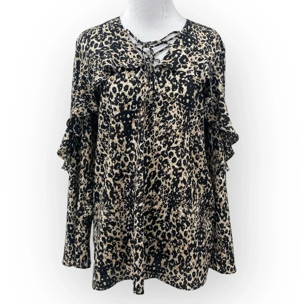 Mika Mindel Blouse Womens Size Medium Black Cream‎ Cheetah Ruffle Fringe Sleeves